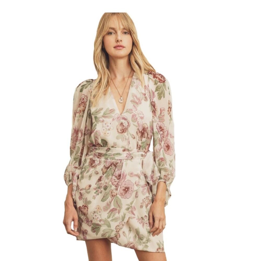 Fab’rik Dress Marnie Floral Print Chiffon Lantern Sleeves Wrap Tie Small NEW